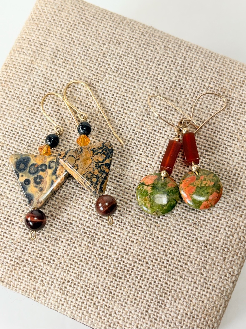 2 Handmade Artisan Green & Red Natural Stone Delicate Beaded Drop Earrings